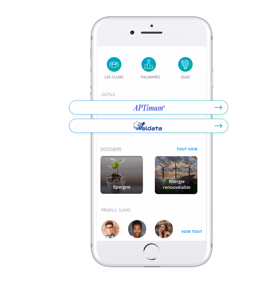 Interface d'application mobile avec sections clubs, palmarès, quiz, outils, dossiers et profils suivis.