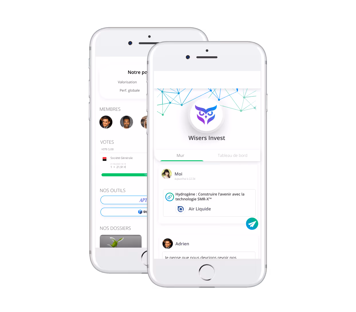 Deux téléphones affichant une application d'investissement Wisers Invest avec profils, votes et messages.