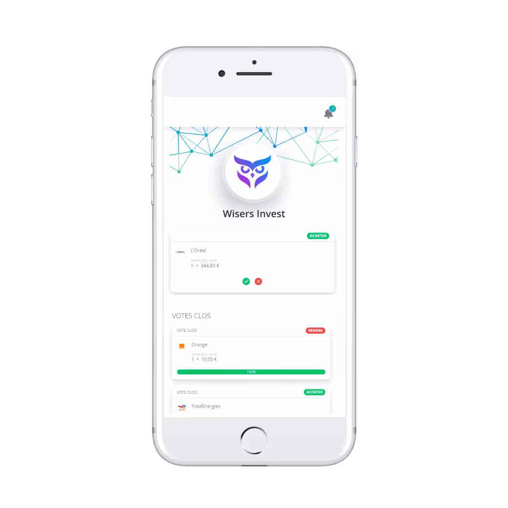 Écran d'application mobile Wisers Invest montrant actions L'Oréal, Orange et TotalEnergies avec options acheter ou vendre.