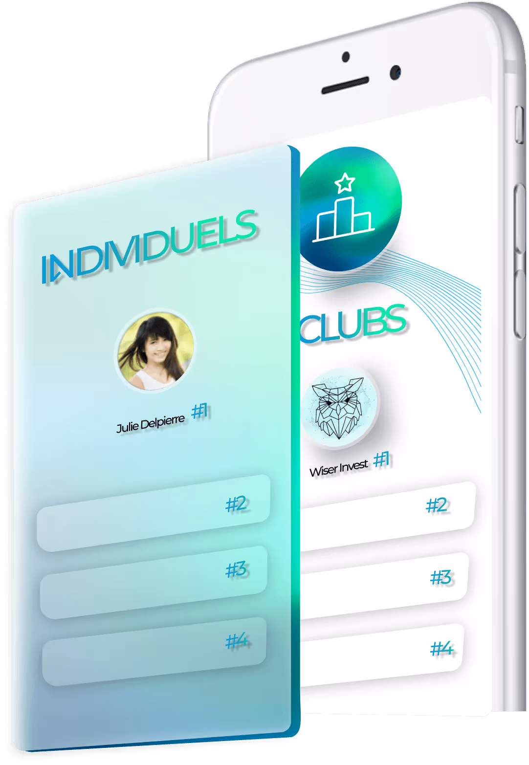 Classements des meilleurs individus et clubs sur une application mobile avec photos et noms.