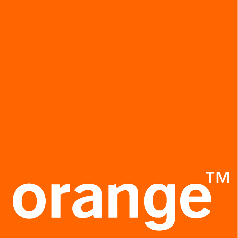 Logo de la société Orange, texte blanc sur fond orange vif.