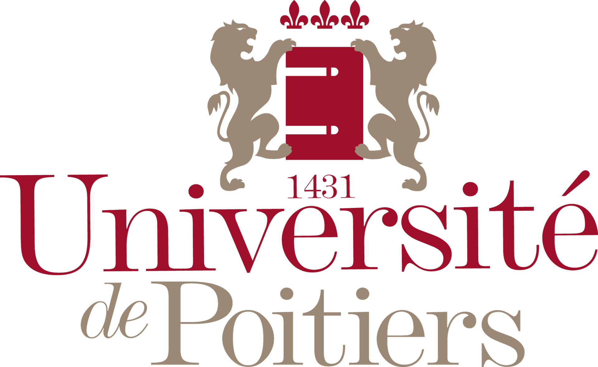 Blason avec deux lions et trois fleurs de lys, logo de l'Université de Poitiers fondée en 1431.