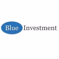 Logo avec le mot Blue en blanc sur fond bleu ovale suivi de Investment en noir.