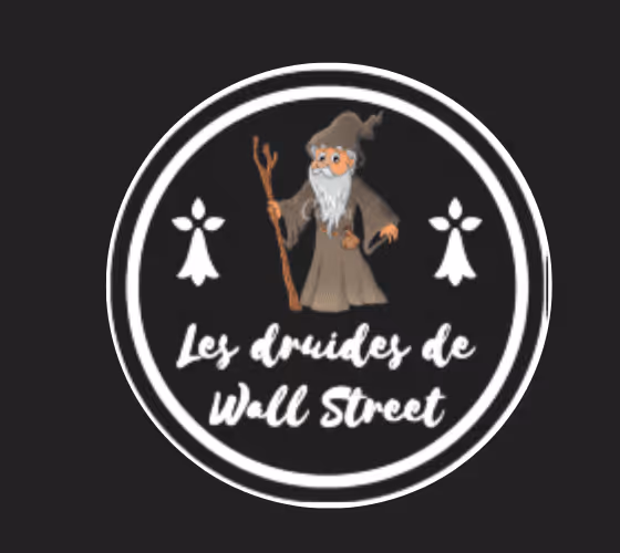 Logo rond avec un druide au centre et le texte «Les druides de Wall Street» en dessous.
