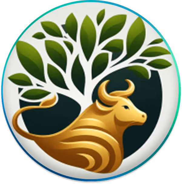 Illustration d’un taureau doré sous un arbre avec des feuilles vertes dans un cercle.