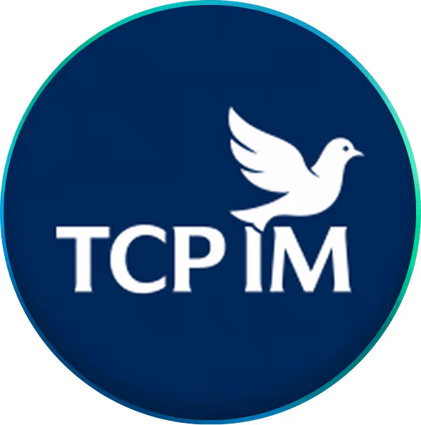 Logo TCP IM avec une colombe blanche sur fond bleu foncé.