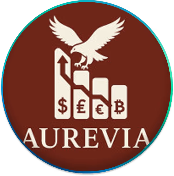 Logo d'AUREVIA avec un aigle au-dessus de graphiques en baisse marqués $, £, €, ₿.