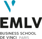Logo d'EMLV Business School de Vinci Paris avec un symbole bleu et noir.