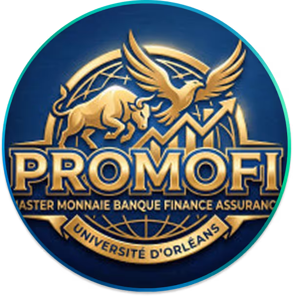 Logo doré PROMOFI avec un taureau, un aigle, graphes et Université d'Orléans.