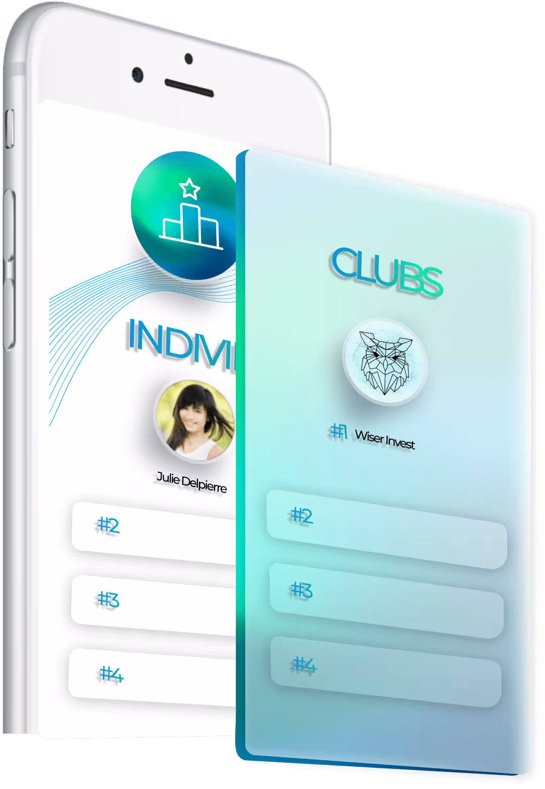 Écran smartphone montrant un classement des individus et des clubs avec photos et icônes.