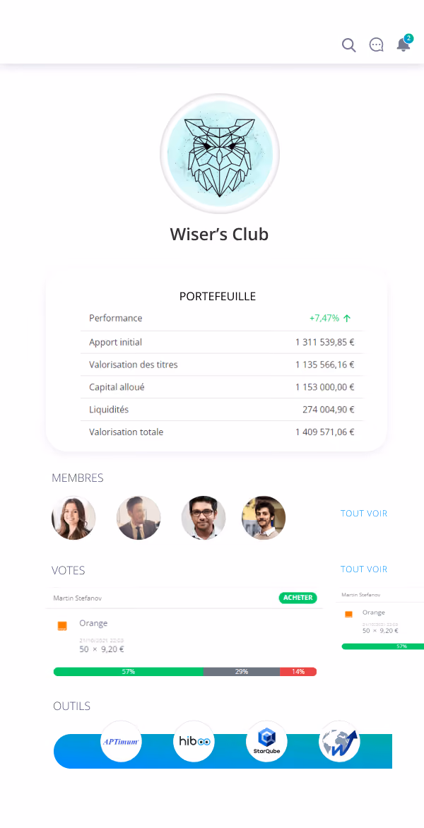 Interface de l'application Wiser’s Club montrant un portefeuille avec performance +7,47%, apport initial, valorisation des titres, capital alloué, liquidités, et valorisation totale en euros. Quatre membres avec photos rondes sont affichés. Section votes avec un vote pour la société Orange, incluant une barre de progression colorée indiquant 57%, 29%, et 14%. Quatre icônes d'outils sont visibles en bas.