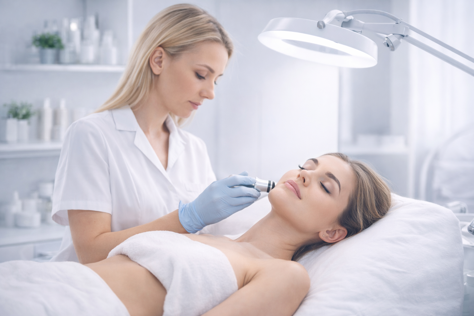 A woman receives a facial treatment with a handheld device from a gloved technician in a medical spa setting.