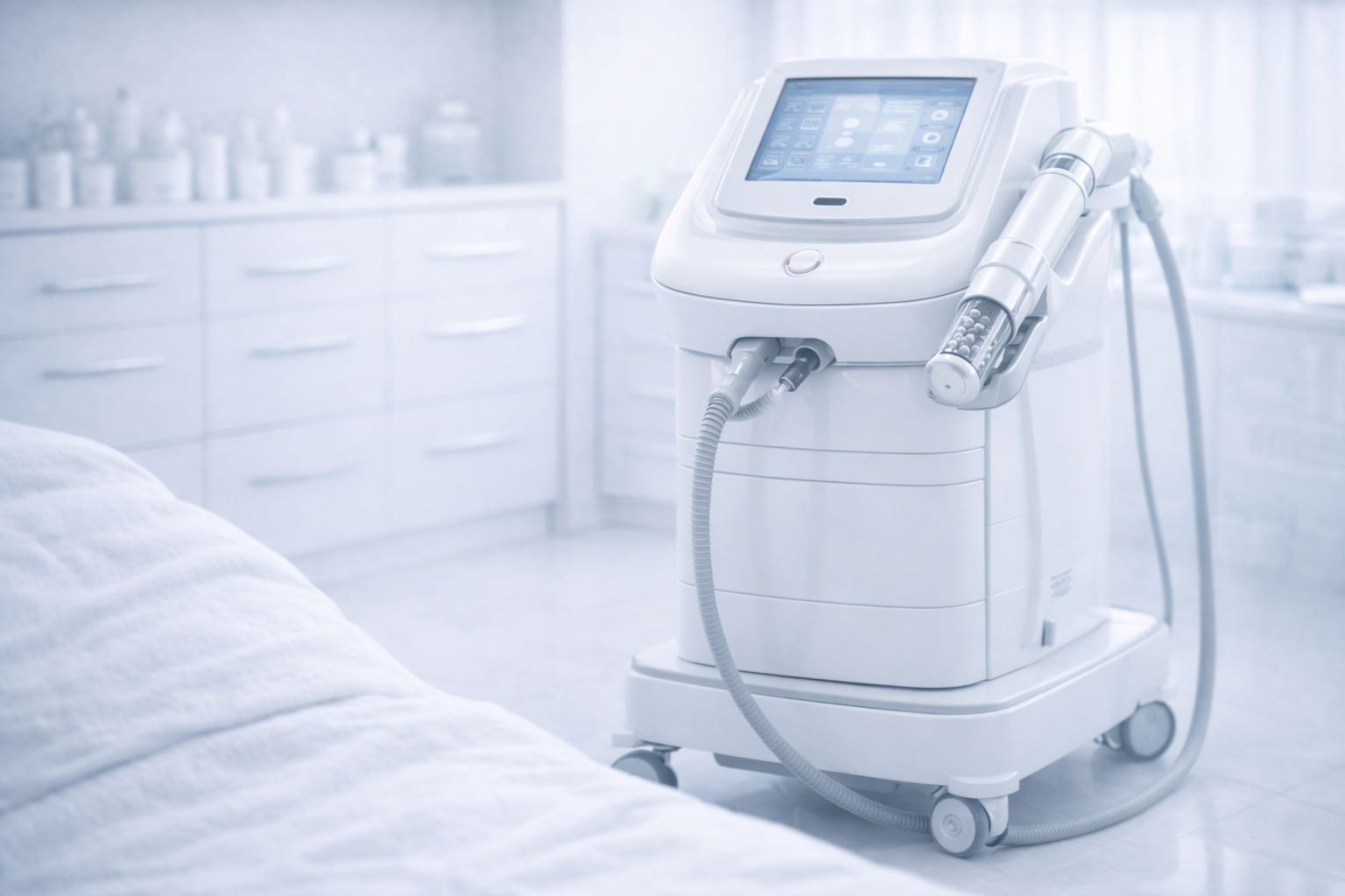 A sleek, white medical device on wheels with a touchscreen and attached hoses is in a bright, clinical room. The setting conveys a clean, sterile environment.