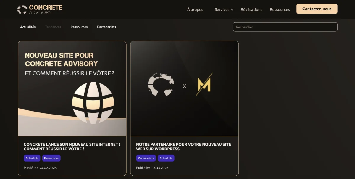 Image qui montre la page ressources du site web de concrete advisory