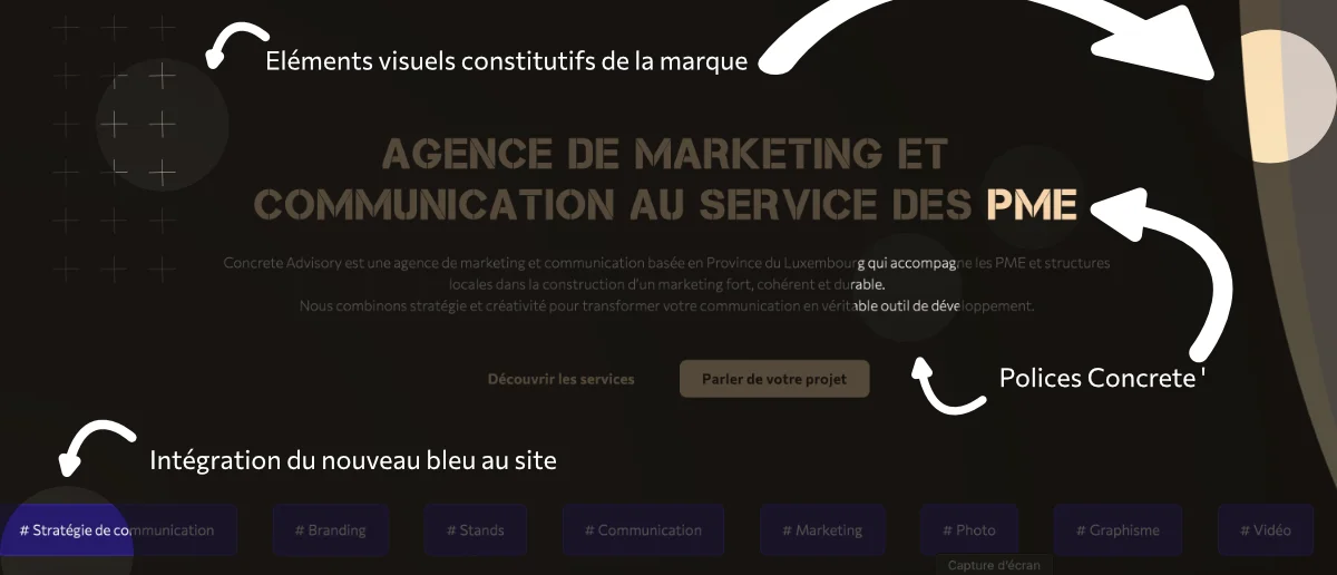 Image montrant les éléments visuels constitutifs de la marque de concrete advisory sur la page d'accueil du site