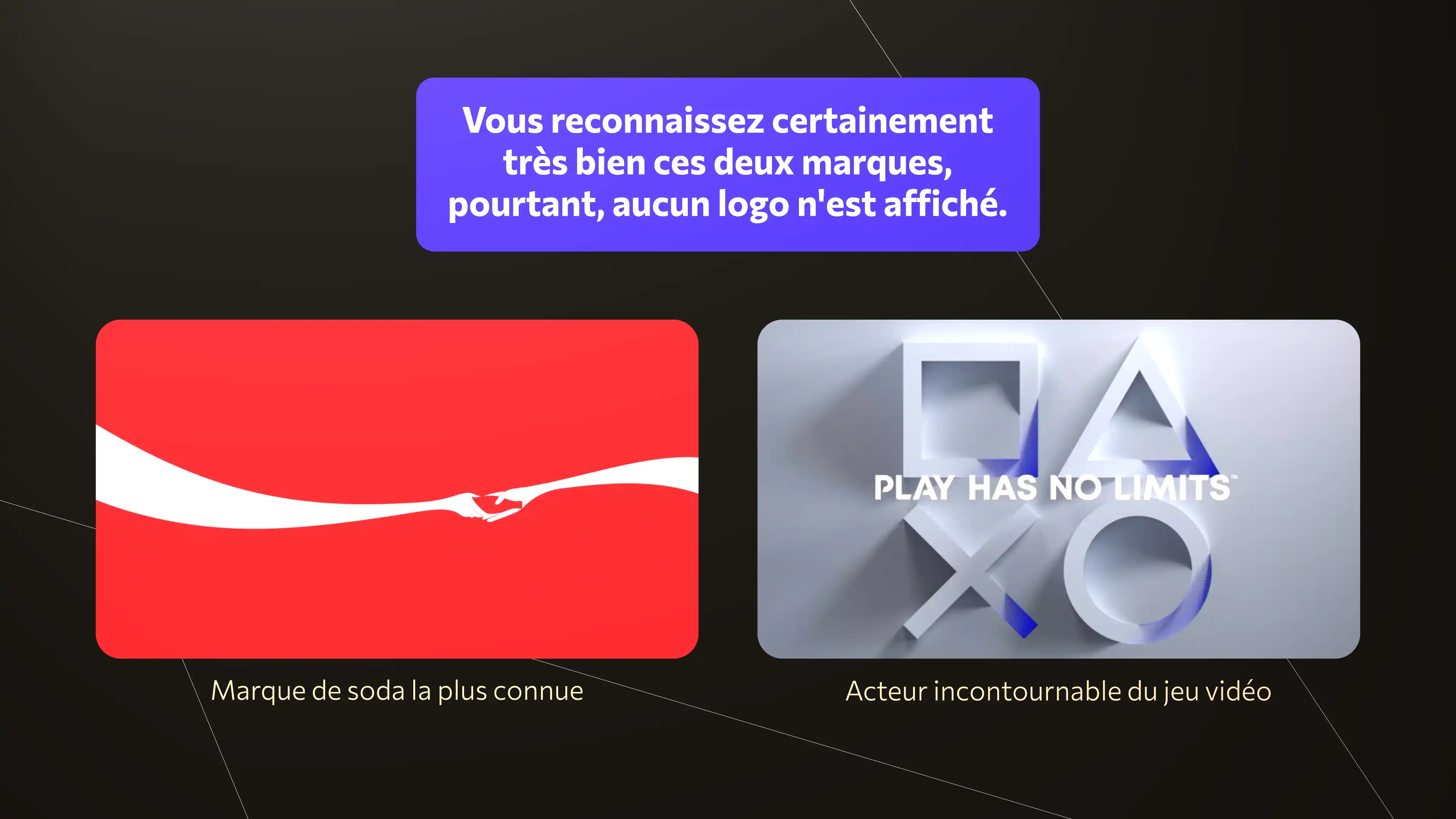 Image qui montre un visuel de coca cola et de playstation sans leurs logos pour montrer qu'on les reconnaît grâce aux assets distinctifs