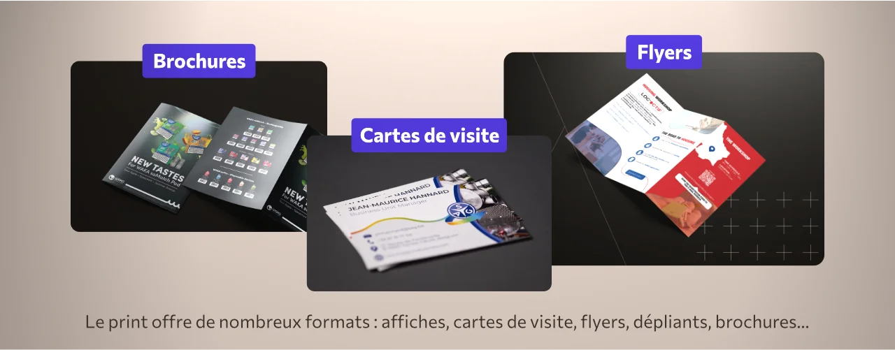 Exemple de prints réalisés par Concrete Advisory, une brochure, ne carte de visite et un flyer dépliant