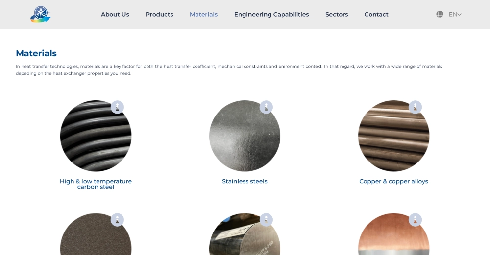 aperçu de la page matériaux du site web industriel de SAG
