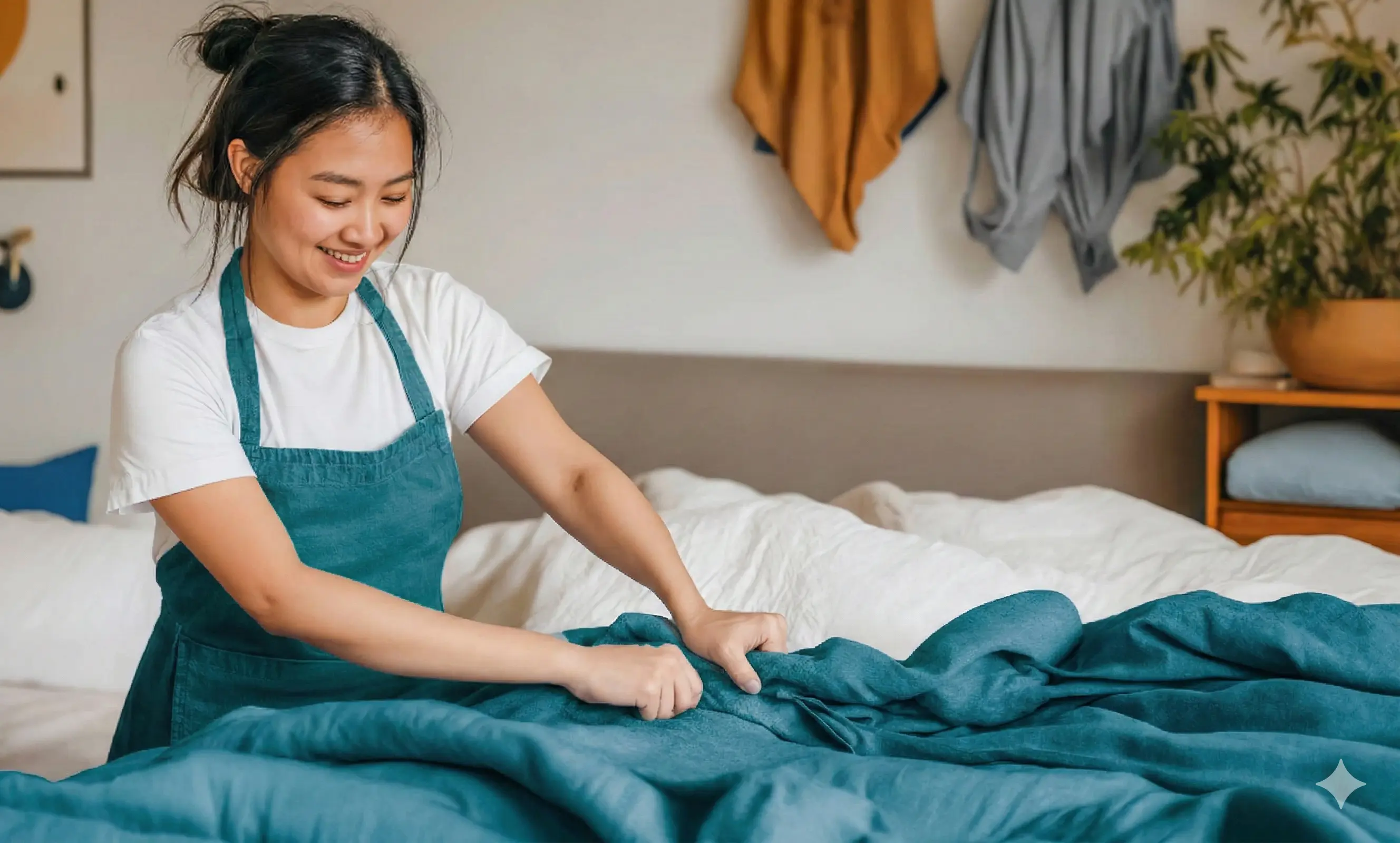 young girl folding bedsheets