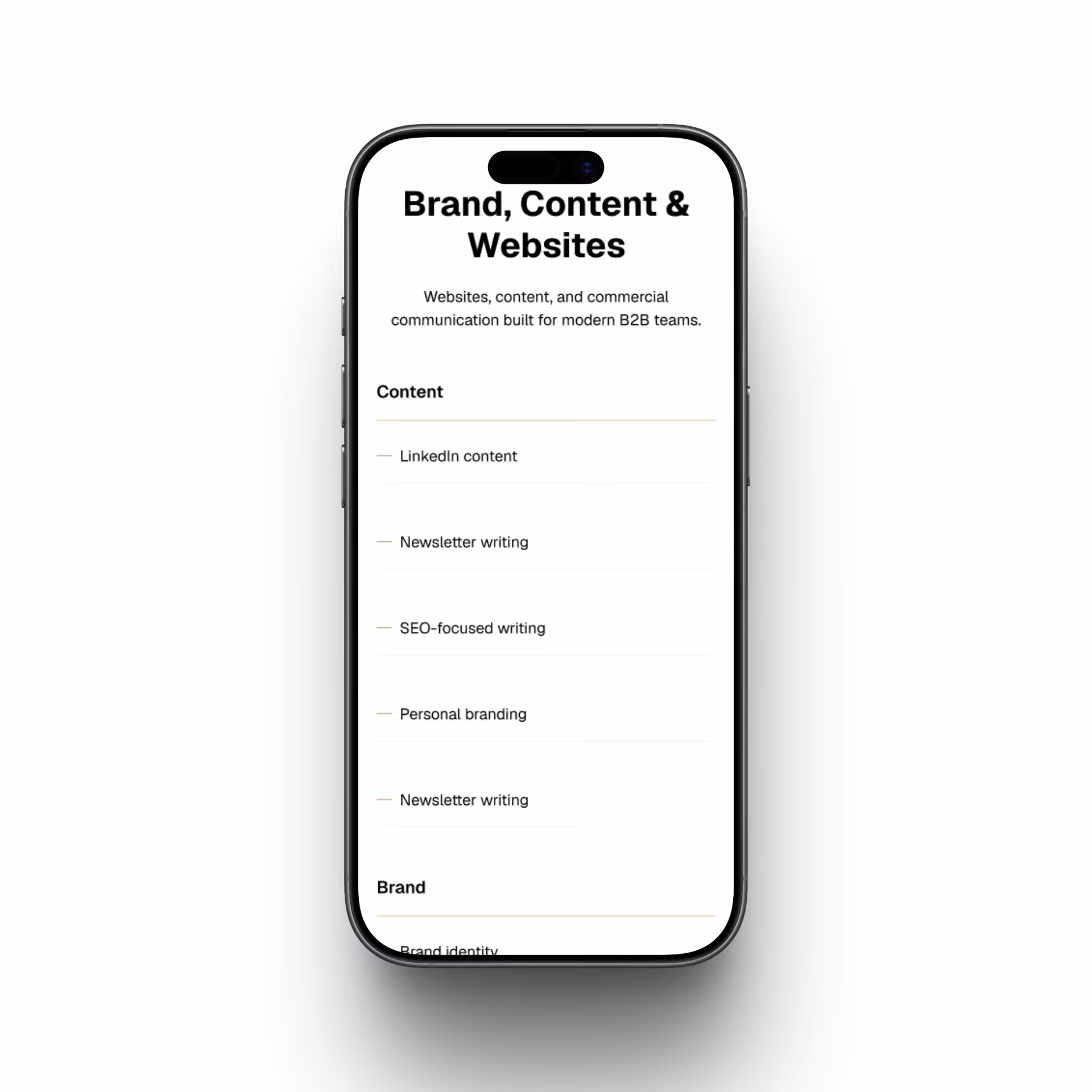Ekran smartfona przedstawiający usługi Brand, Content & Websites, w tym treści na LinkedIn i pisanie tekstów SEO.