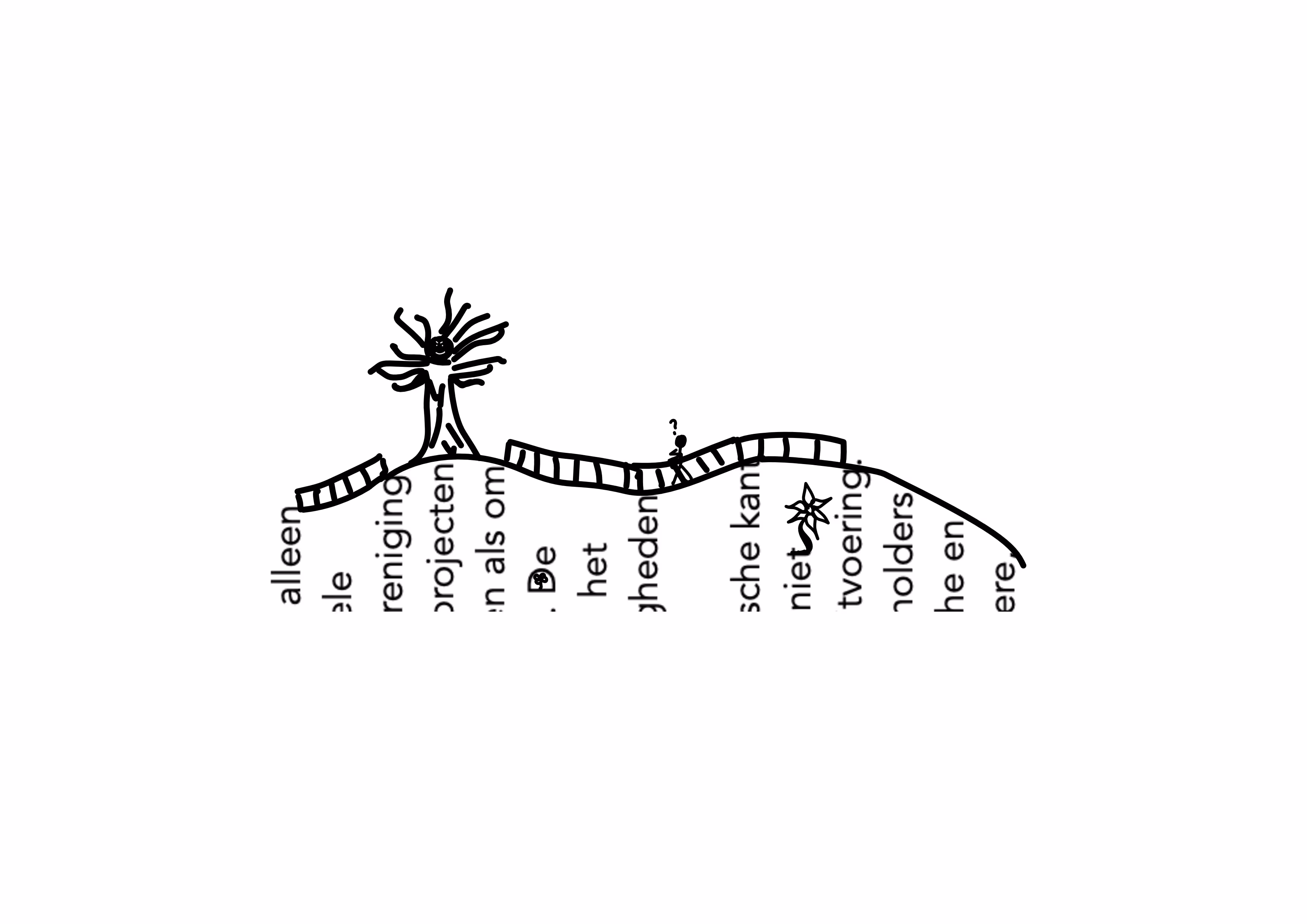 Hand-drawn path along a wavy line with a smiling sun, a flower, and a confused person with a question mark.