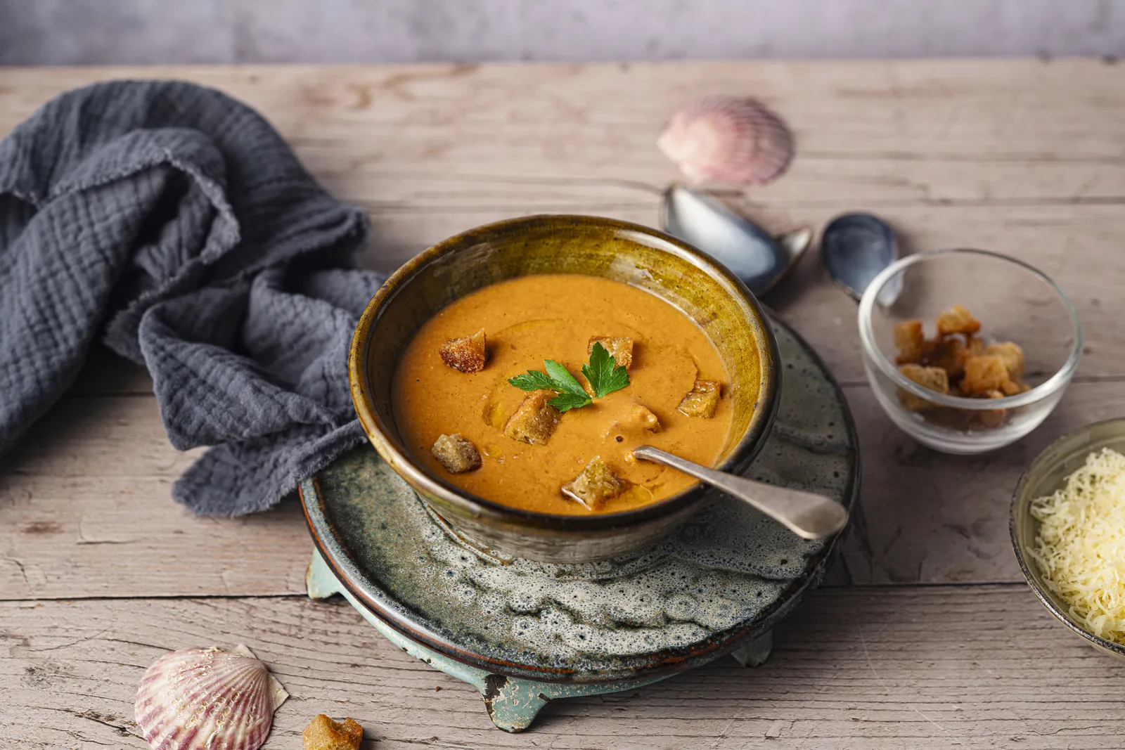 Soupe de poissons parfumée aux crustacés, cuisinée à l'huile d'olive et au vin blanc.