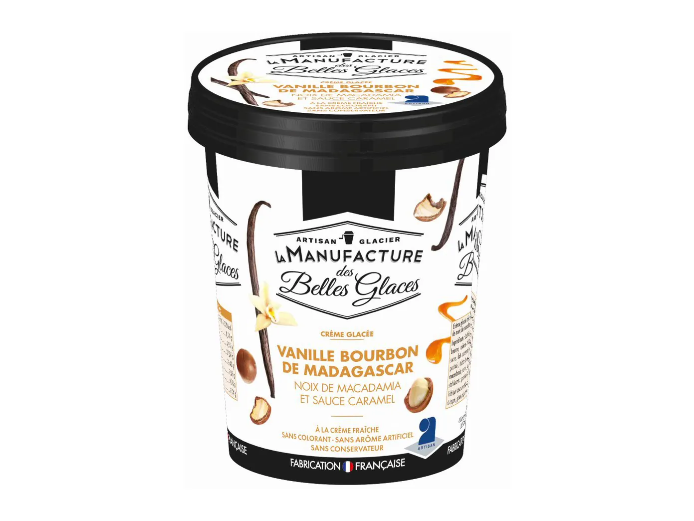Crème glacée vanille Bourbon de Madagascar, noix de macadamia et sauce caramel.