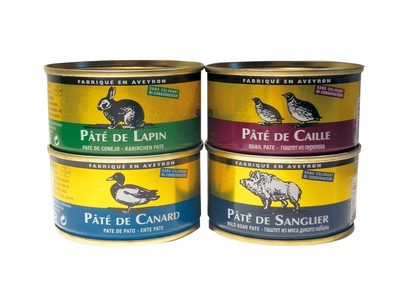 Lot de 4 pâtés : pâté de lapin, de caille, de canard et de sanglier.