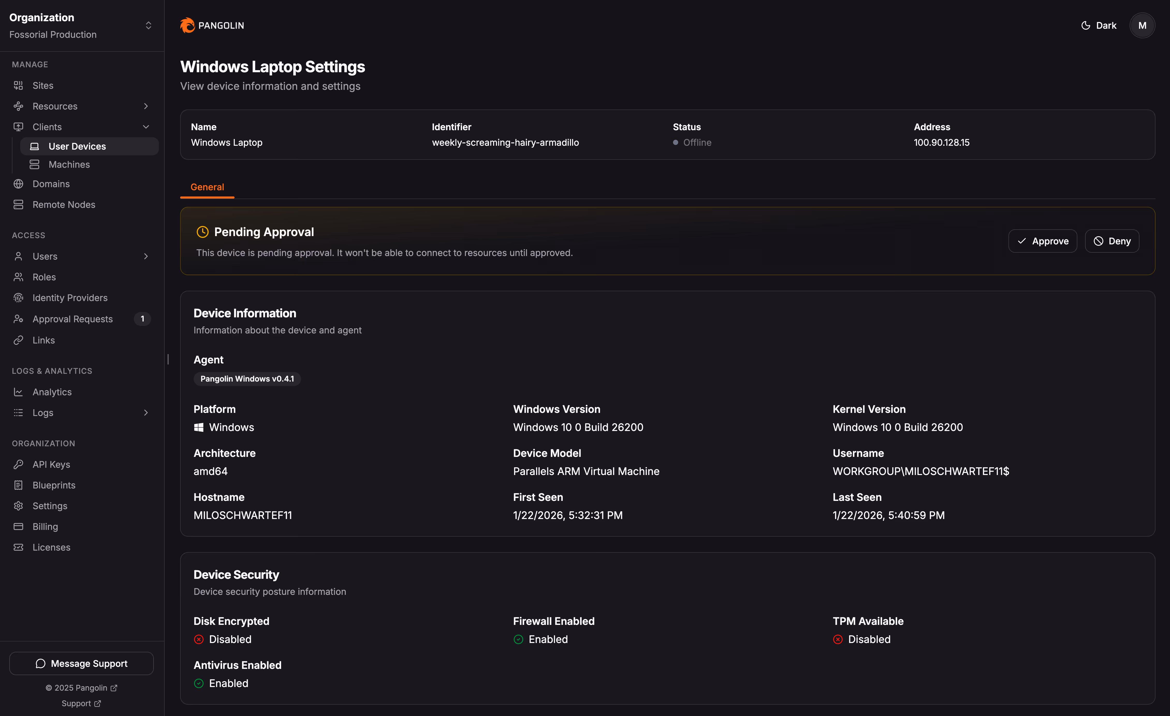 Device approval page