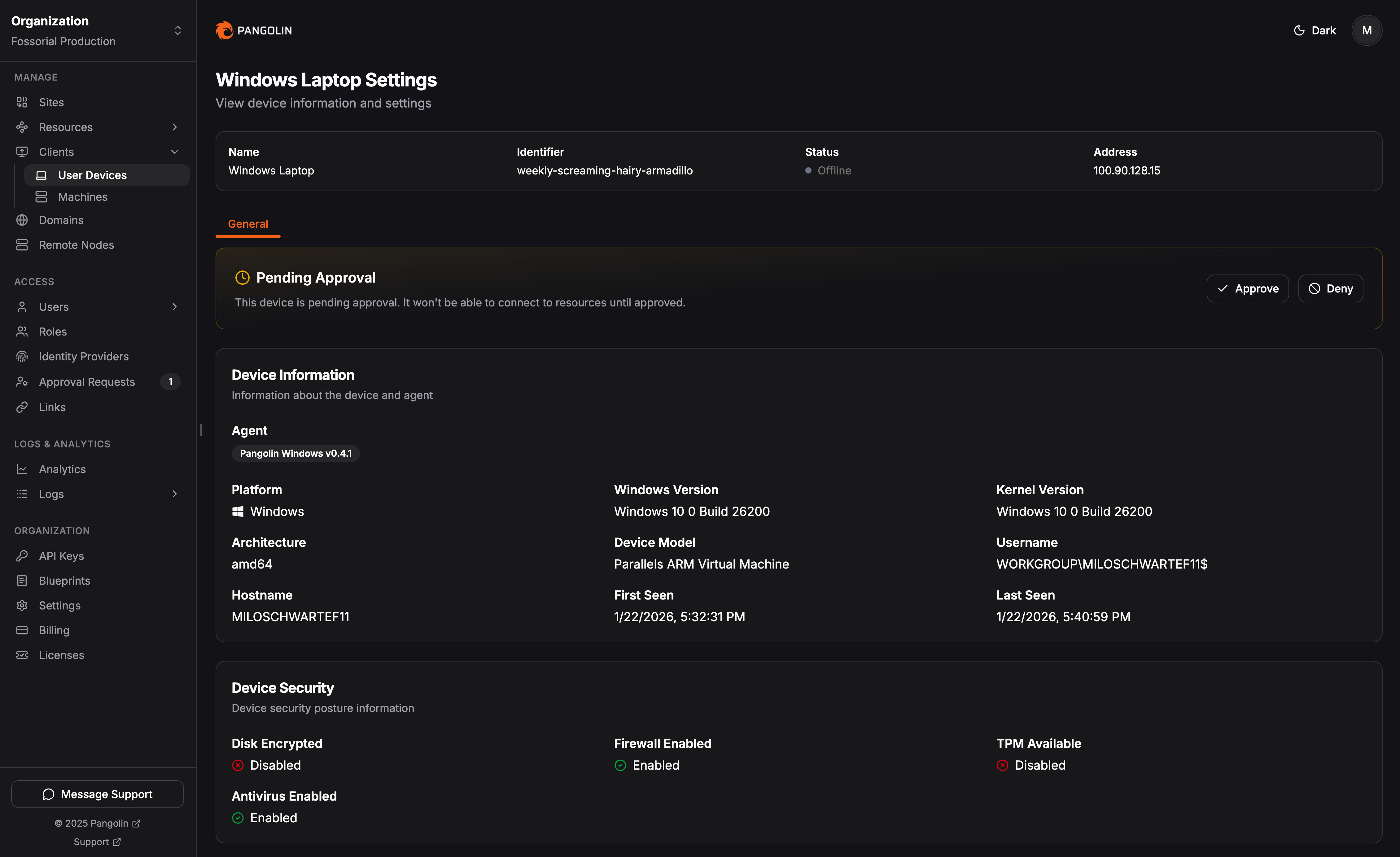 Device approval page