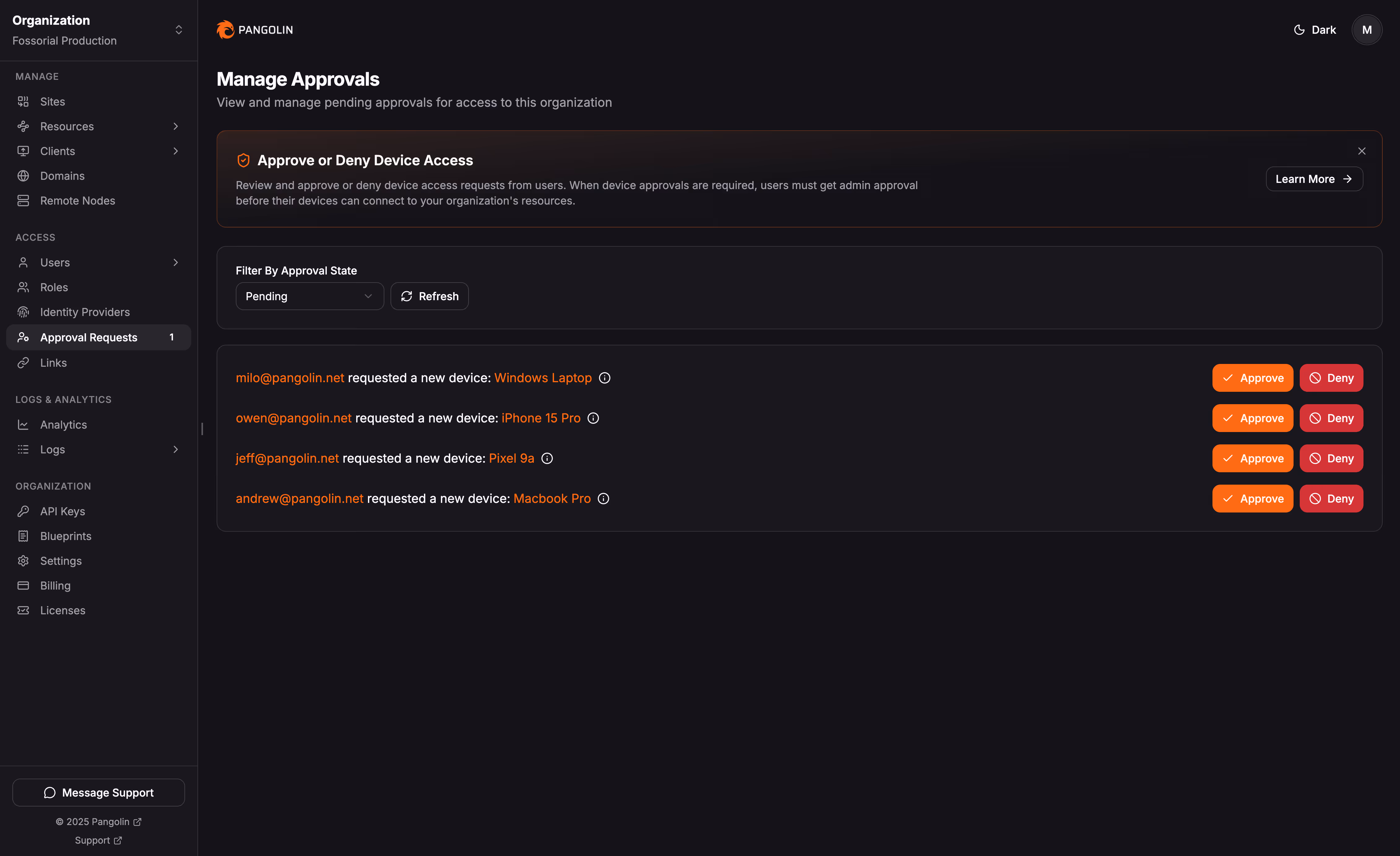 Device approval feed
