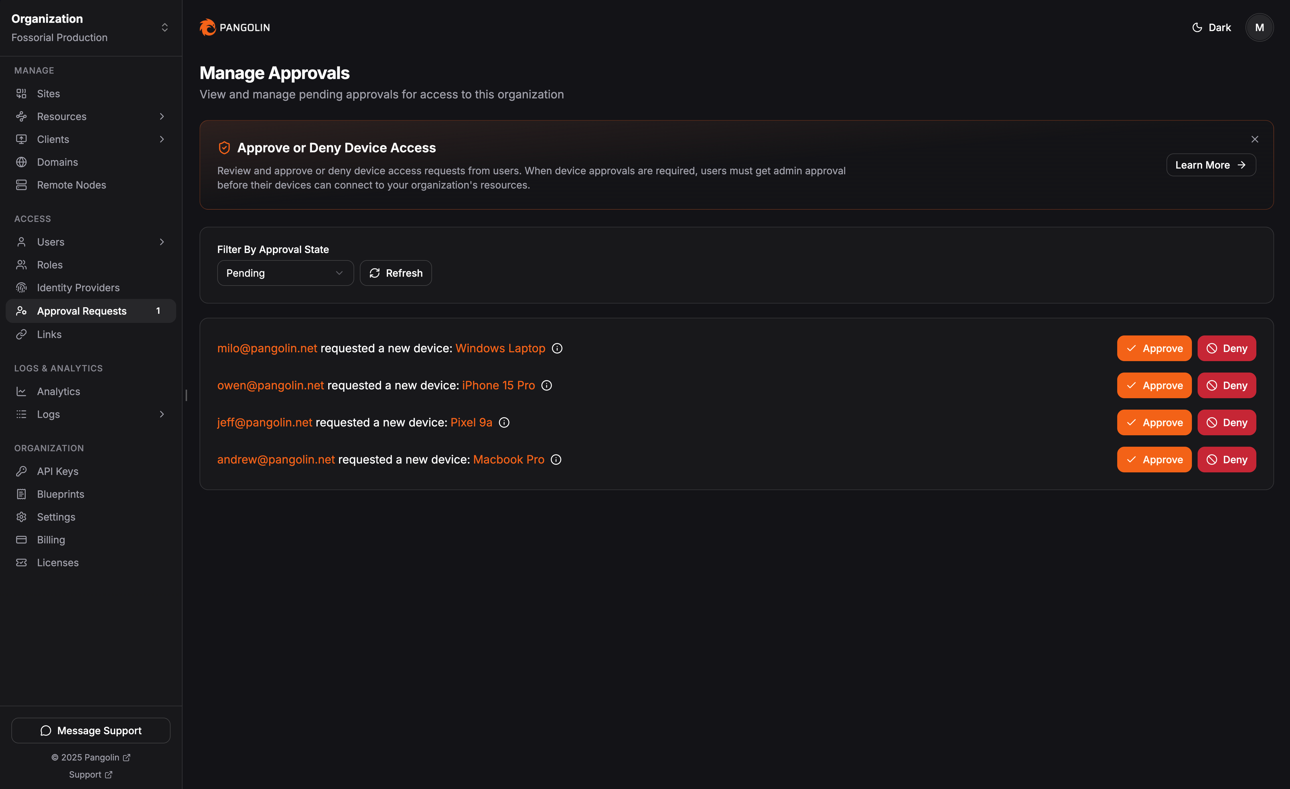 Device approval feed