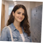 Young woman with long brown hair wearing a denim jacket, smiling in a hallway with lockers.