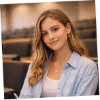 Young woman with long light brown hair wearing a light blue shirt sitting in an auditorium or classroom.