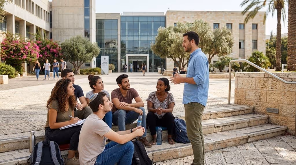 A group of six diverse college students sitting on steps listening to a standing male student speaking, with backpacks and notebooks around them on a university campus.