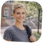 Smiling woman with short blond hair wearing a gray shirt and backpack outdoors.