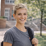 Smiling woman with short blonde hair wearing a gray t-shirt and backpack outdoors in a park setting.