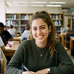 Smiling young woman sitting at a table in a library with bookshelves and people in the background.