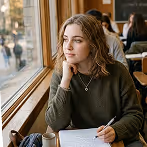 Young woman with curly hair sitting by a window writing in a notebook and looking outside thoughtfully.