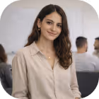 Smiling woman with long brown hair wearing a beige shirt sitting in an office environment.