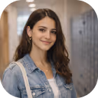 Young woman with long brown hair wearing a denim jacket smiling in a hallway with lockers.