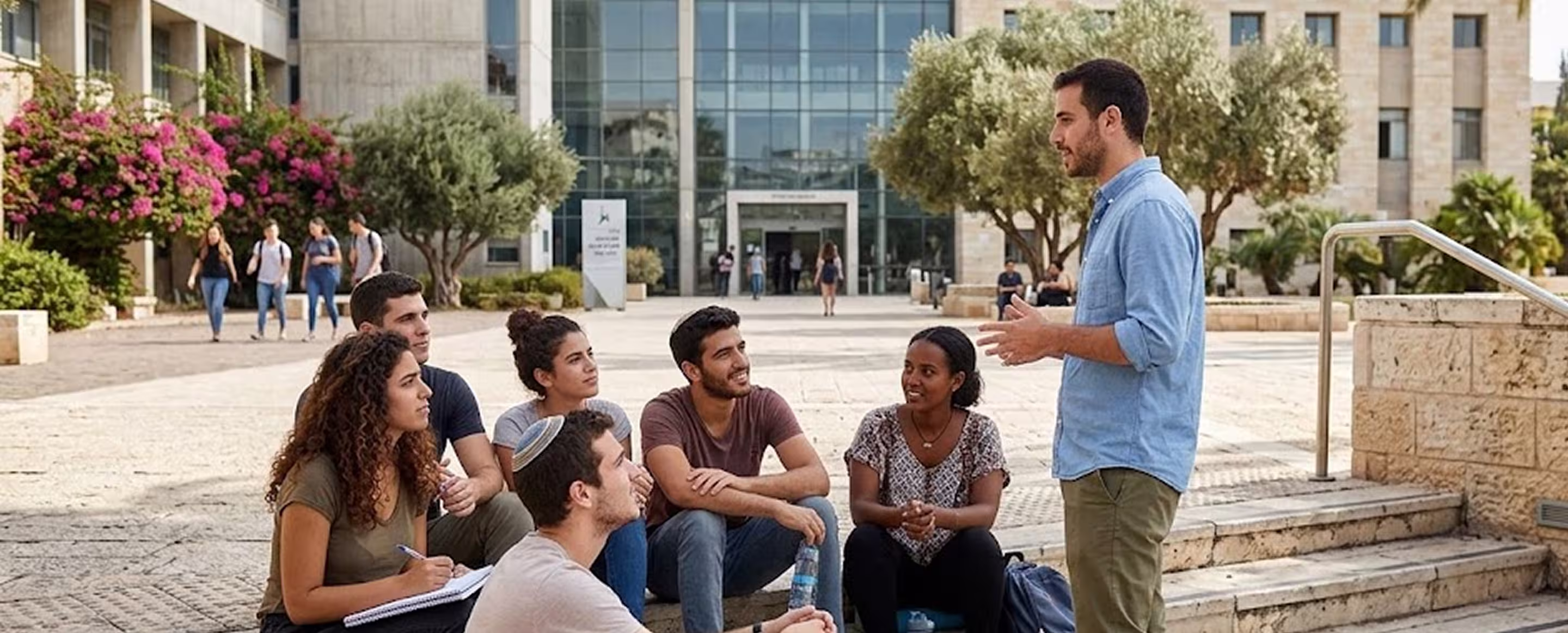 A group of students sitting outdoors on campus steps, engaged in conversation with a standing peer on a sunny day.