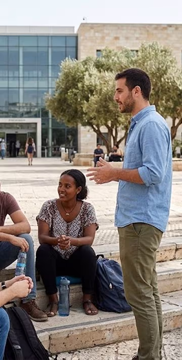 A group of students sitting outdoors on campus steps, engaged in conversation with a standing peer on a sunny day.