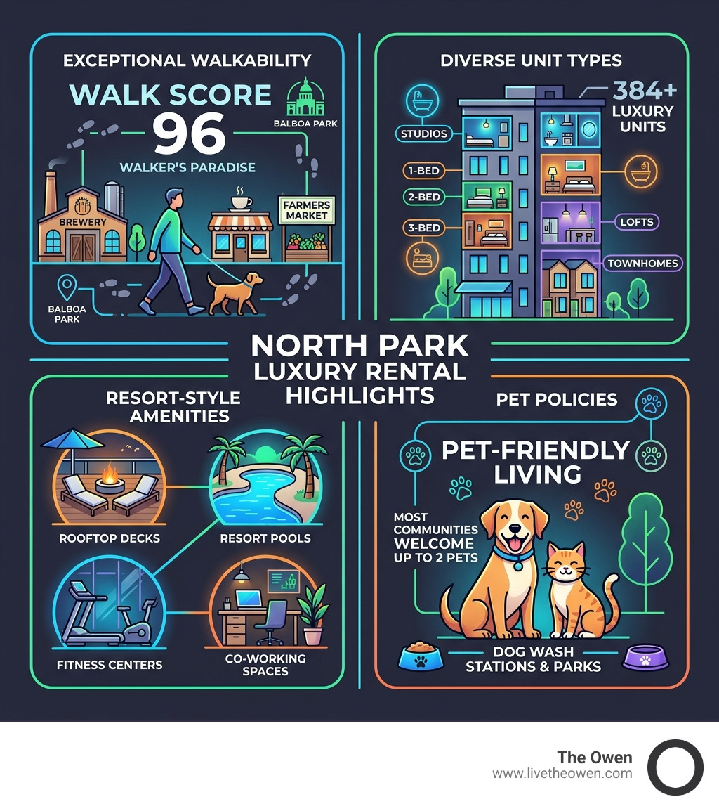 Infographic showing North Park luxury rental highlights: walkability score, unit types, top amenities, pet policies - North