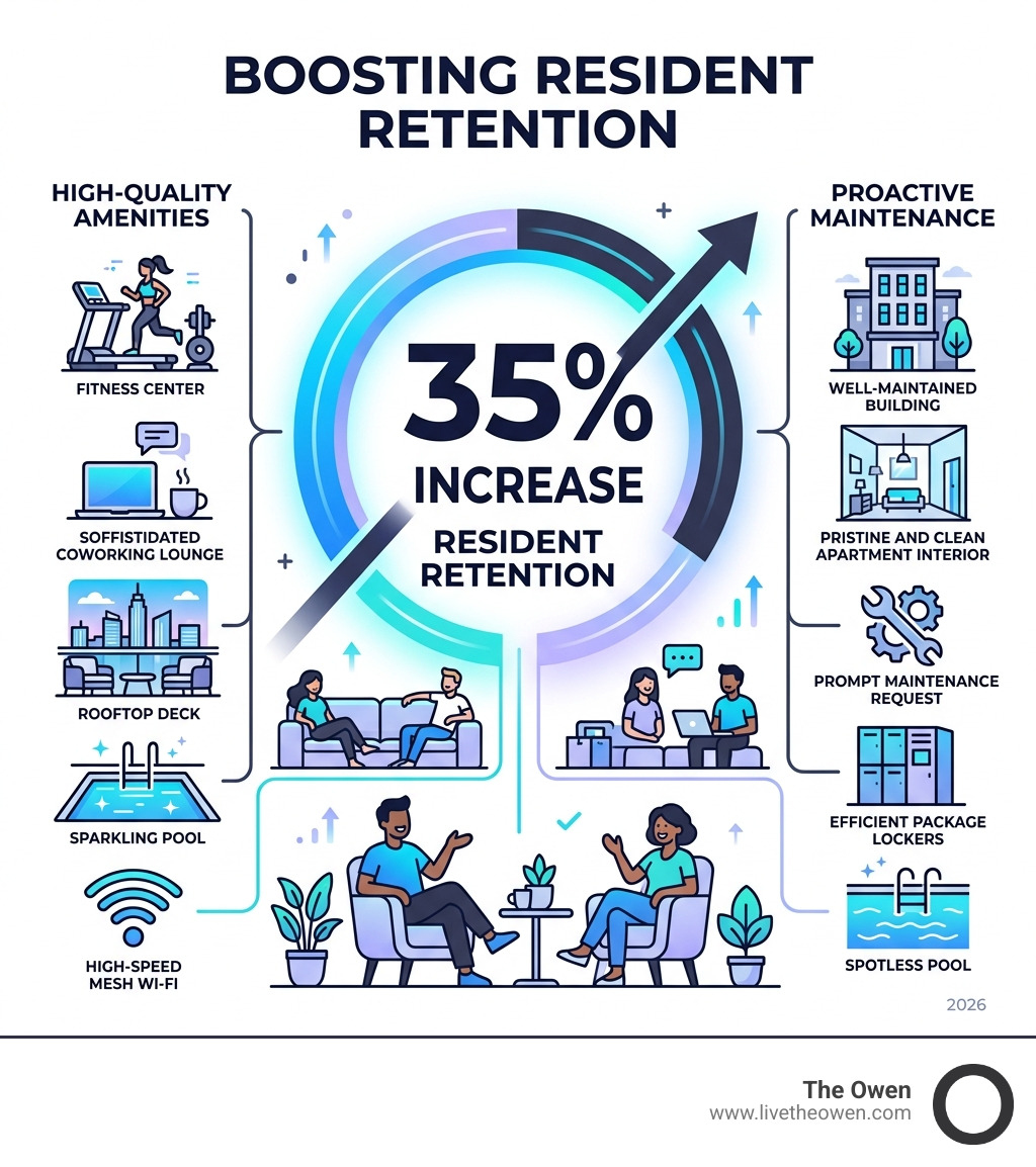 Infographic showing that high-quality amenities and maintenance increase resident retention by 35% - apartments with premium