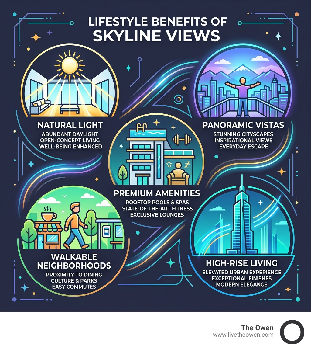 Infographic showing lifestyle benefits of skyline views: natural light, panoramic vistas, premium amenities, walkable