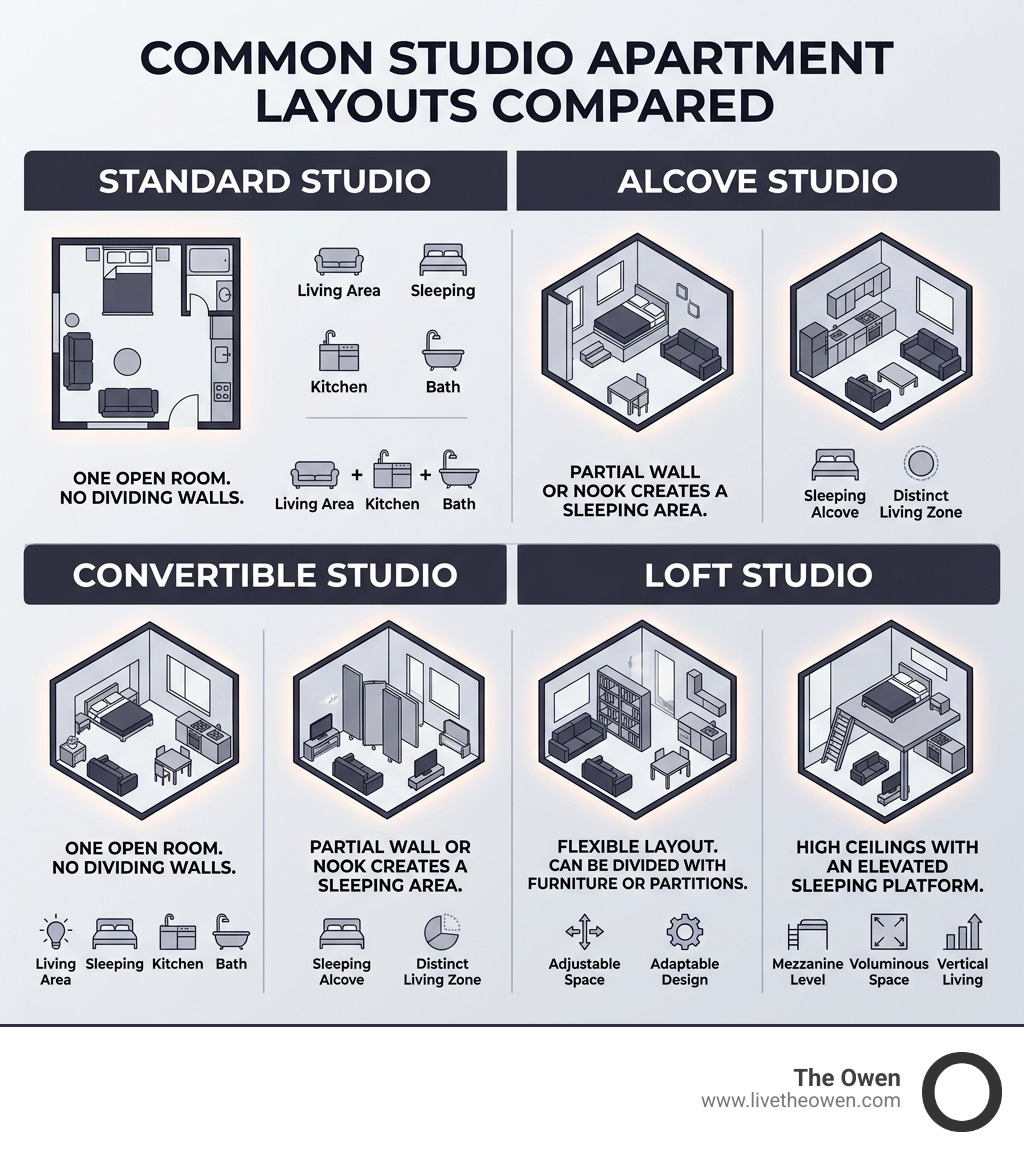 Common studio apartment layouts: standard, alcove, convertible, and loft types compared - studios for rent infographic 