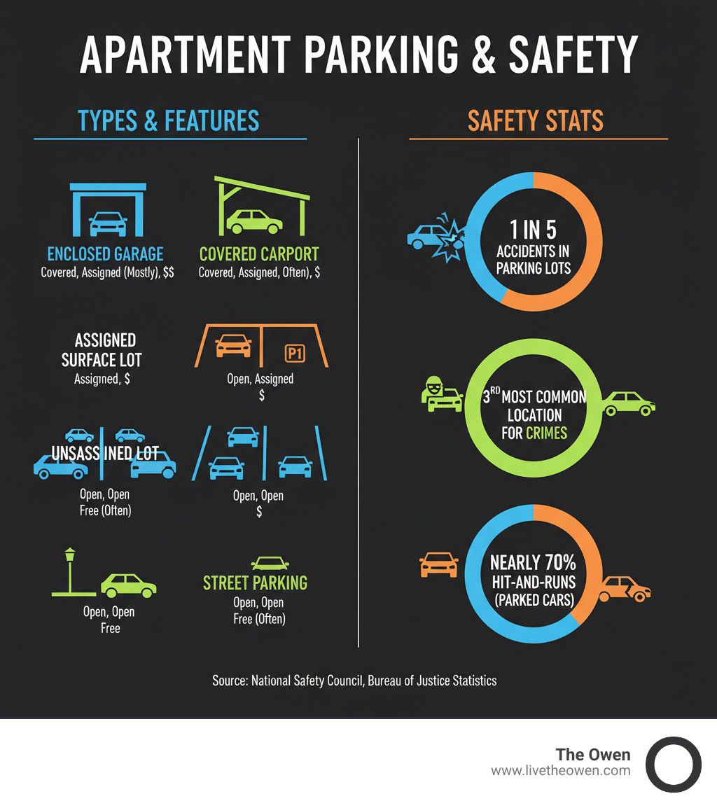 Infographic showing common apartment parking types, features, and key stats on parking lot safety - apartment garage parking