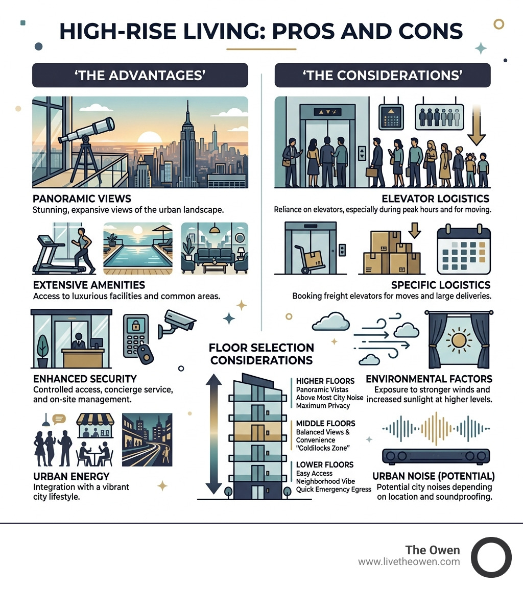 infographic showing pros and cons of high-rise living including views and elevator wait times - apartment high rise infographic showing pros and cons of high-rise living including views and elevator wait times - apartment high rise