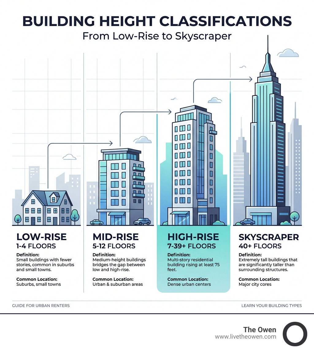 height classifications from low-rise to skyscraper with floor counts and definitions - apartment high rise infographic height classifications from low-rise to skyscraper with floor counts and definitions - apartment high rise infographic